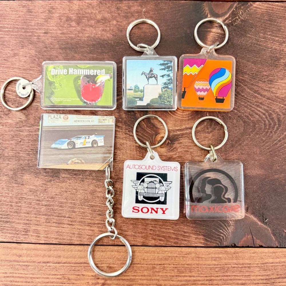VTG Acrylic Keychain Lot Sony Autosound Kodak Race Car Muncie Indiana Retro 6pc